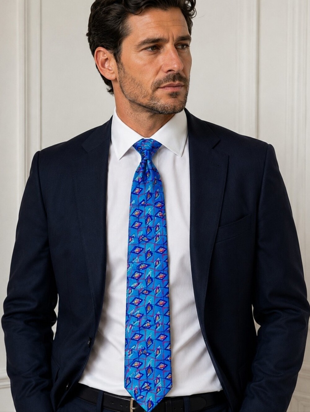 Christian Dior Monsieur Vintage Silk Electric Blue Geometrical Abstract Necktie